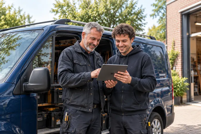 Twee vakmensen bij hun bestelbus kijken samen naar een offerte op een tablet.