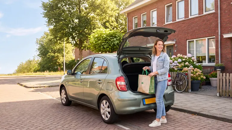 Een vrouw zet een tas met boodschappen in de achterbak van haar groene auto, voor haar rijtjeshuis.