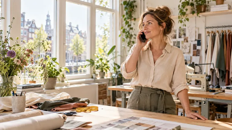 Een ondernemer belt vanuit haar lichte studio vol planten en stoffen.