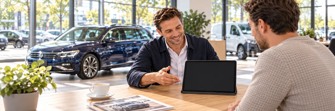Een autodealer bespreekt het leaseportaal op een tablet met een klant aan tafel in zijn showroom.