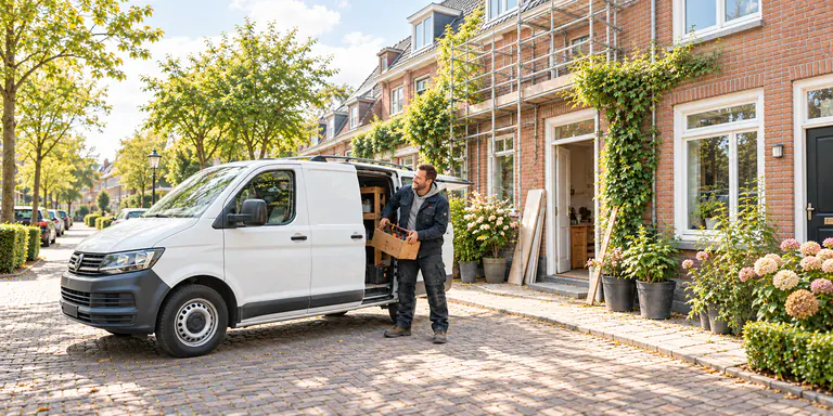 Een vakman haalt een kist gereedschap uit zijn bestelbus, in een straat met bomen, voor het huis waar hij aan het werk is.