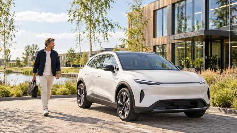 Een ondernemer loopt naar zijn nieuwe witte elektrische auto, bij een modern kantoor aan het water.