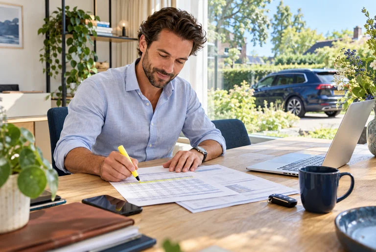 Een ondernemer markeert met een markeerstift een regel in een uitgeprint aflosschema.
