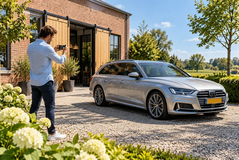 Een ondernemer fotografeert zijn auto voor zijn bedrijfspand om hem te verkopen.