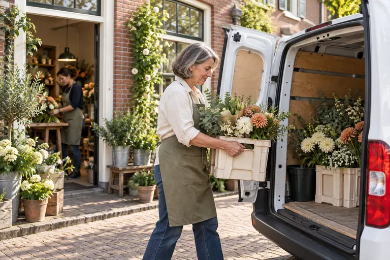 Een bloemiste laadt een kist met bloemen in haar bestelbus, voor haar winkel.