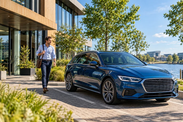 Een consultant loopt over het parkeerterrein van zijn kantoor naar zijn stationwagen.