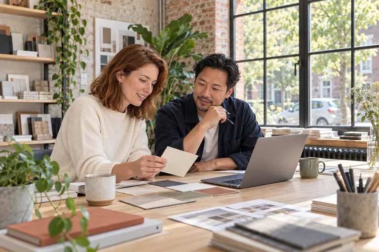 Twee ondernemers bekijken samen stalen en papieren aan een tafel in hun studio.