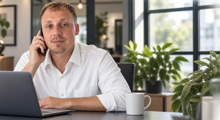Davey van Lendiq aan de telefoon, achter zijn laptop op kantoor.