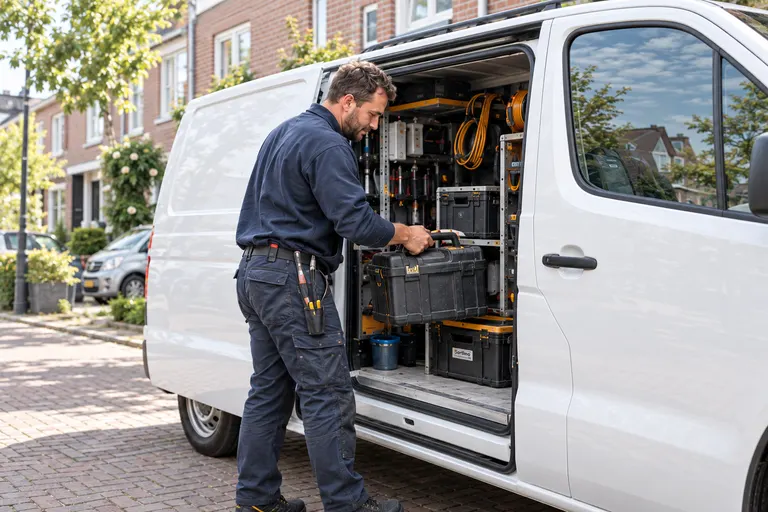 Een elektricien pakt een gereedschapskist uit de ingerichte laadruimte van zijn bestelbus.