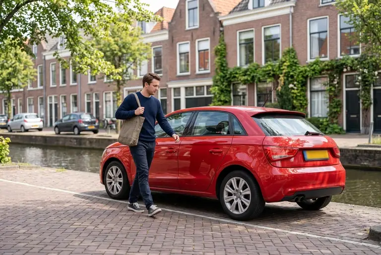 Een ondernemer loopt langs een gracht naar een kleine rode hatchback.