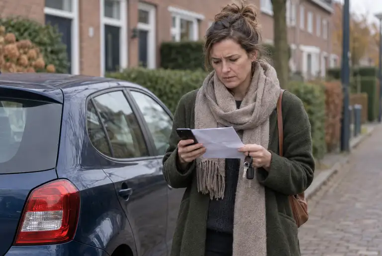 Een vrouw staat naast haar auto in de straat en leest een brief, met haar telefoon en sleutels in haar hand.