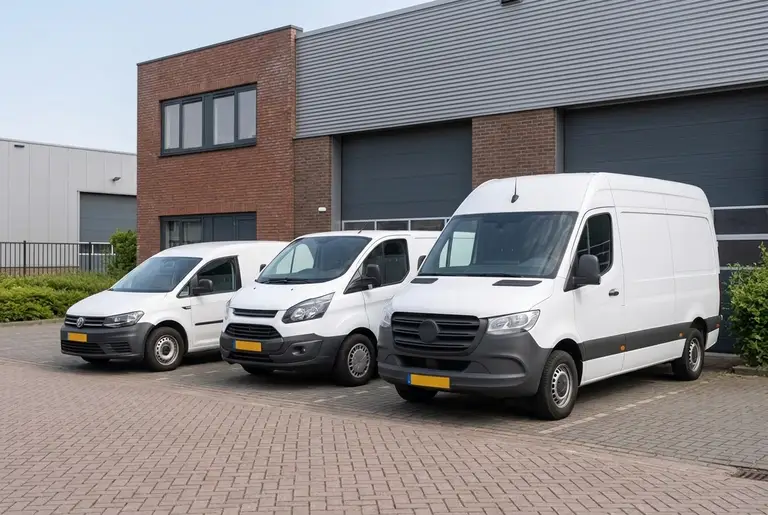 Drie witte bestelbussen van verschillende maten staan naast elkaar voor een bedrijfspand.