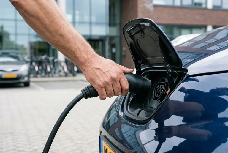 De laadkabel zit in de laadklep van een donkerblauwe elektrische auto, met een kantoor op de achtergrond.