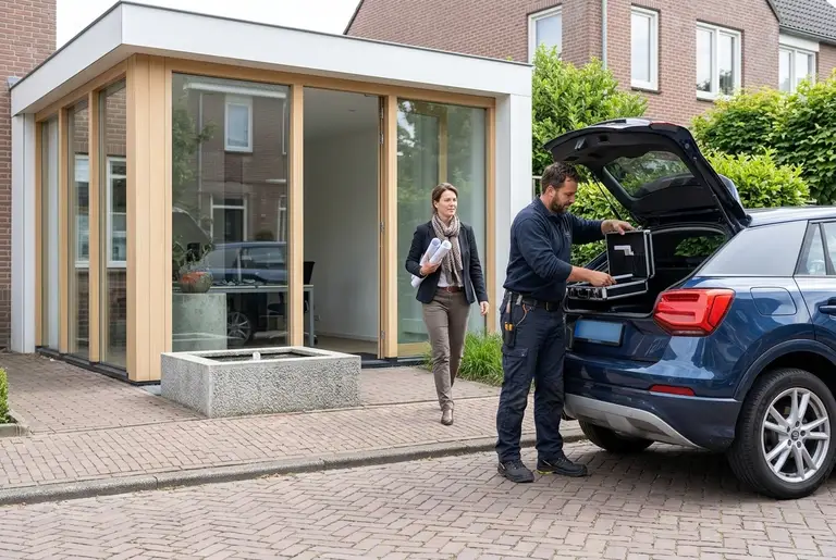 Een architect zet tekeningen in de achterbak van een donkerblauwe SUV voor zijn kantoor.