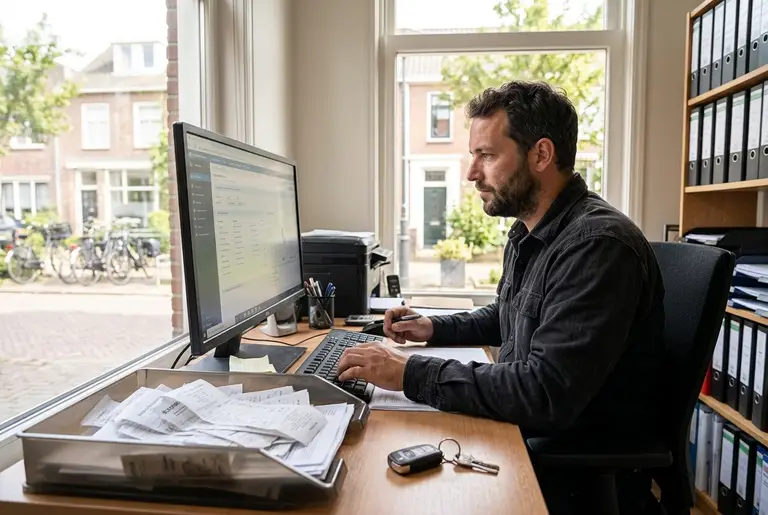 Een ondernemer werkt in zijn kantoor aan huis aan zijn boekhouding, met een bakje bonnetjes op het bureau.
