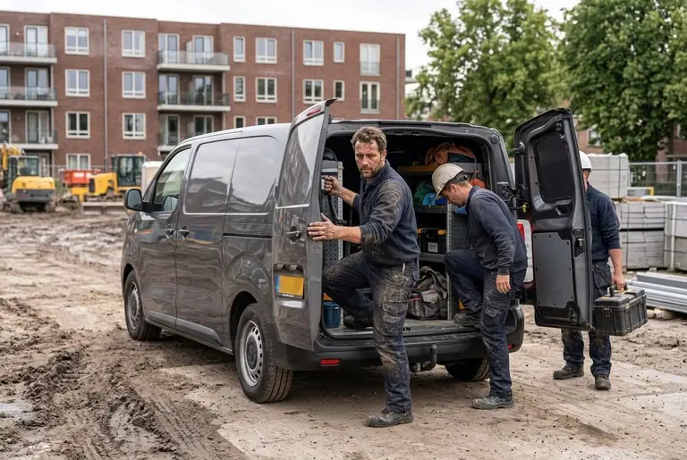 Drie bouwvakkers stappen aan het eind van de dag in een grijze bestelbus met dubbele cabine.