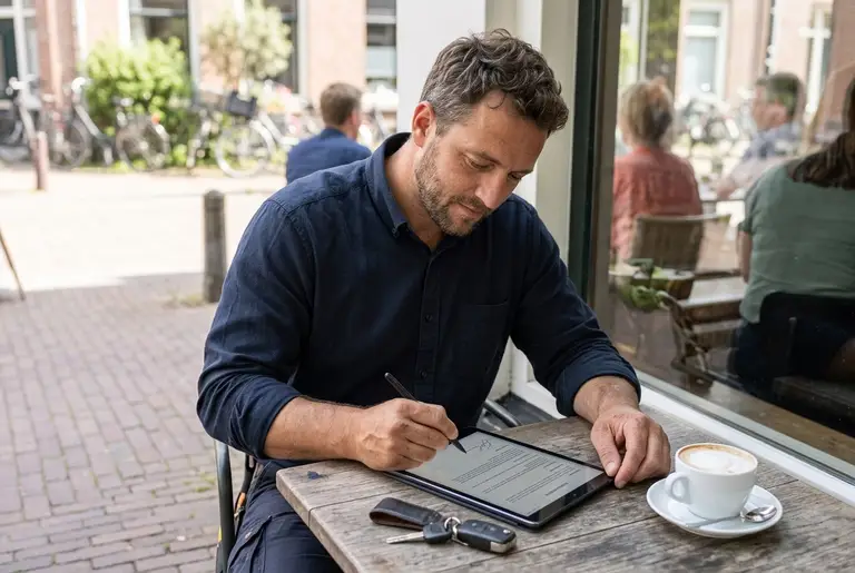 Een ondernemer zet op een terras een handtekening op een tablet, met zijn autosleutels ernaast.