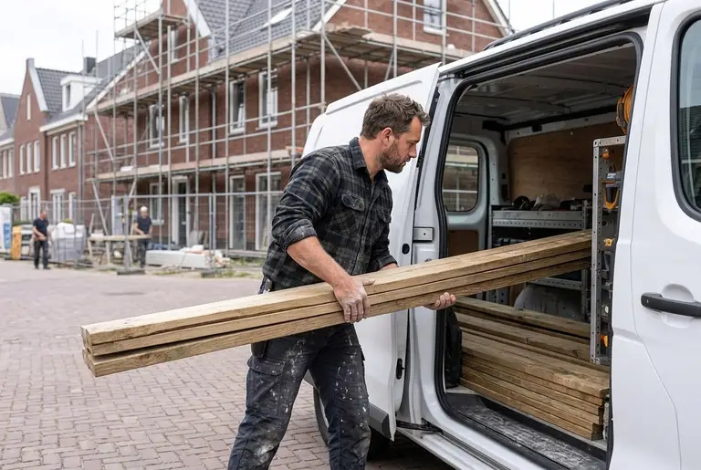 Een timmerman laadt lange planken in een witte bestelbus bij een bouwplaats.