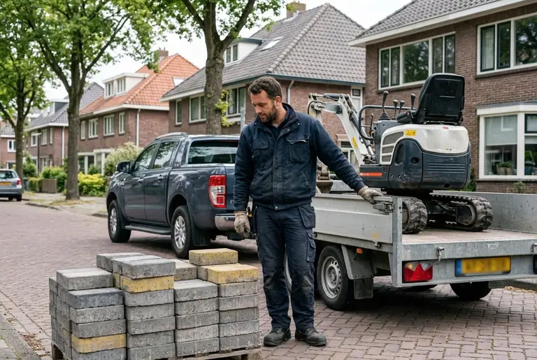 Een hovenier bij zijn pick-up met dubbele cabine en een aanhanger met een minigraver.