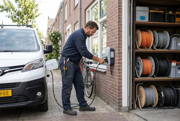 Een elektricien sluit zijn elektrische bestelbus aan op de laadpaal bij zijn werkplaats.