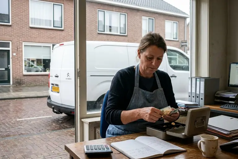 Een bakker telt de dagopbrengst in het kantoortje achter haar winkel, met haar bestelbus voor het raam.