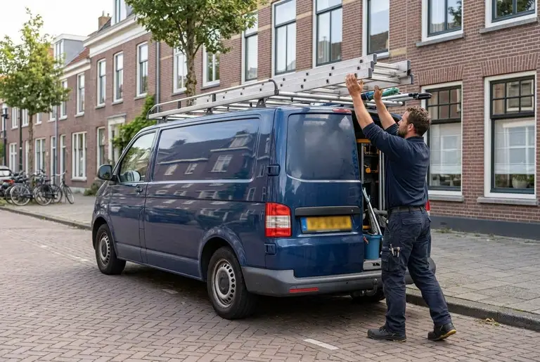Een glazenwasser haalt een ladder van het dak van zijn blauwe bestelbus.