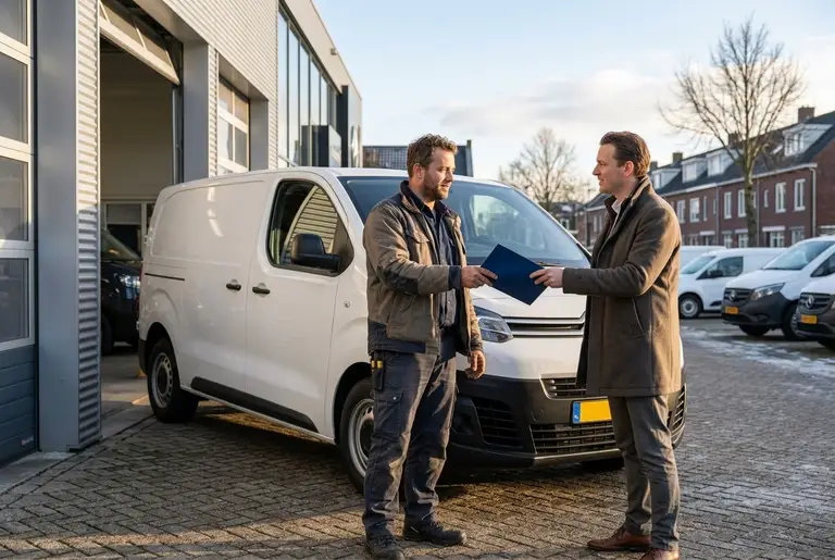 Een vakman neemt in december een nieuwe witte bestelbus in ontvangst bij de dealer.