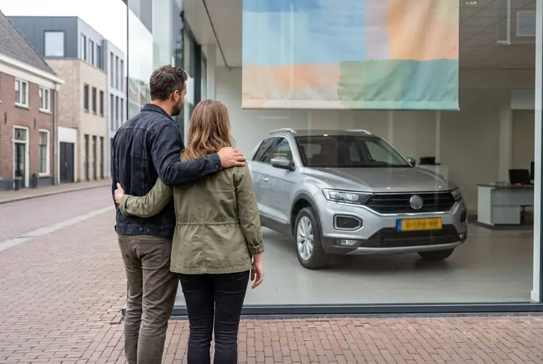 Een stel kijkt door de etalage van een autoshowroom naar een nieuwe auto.