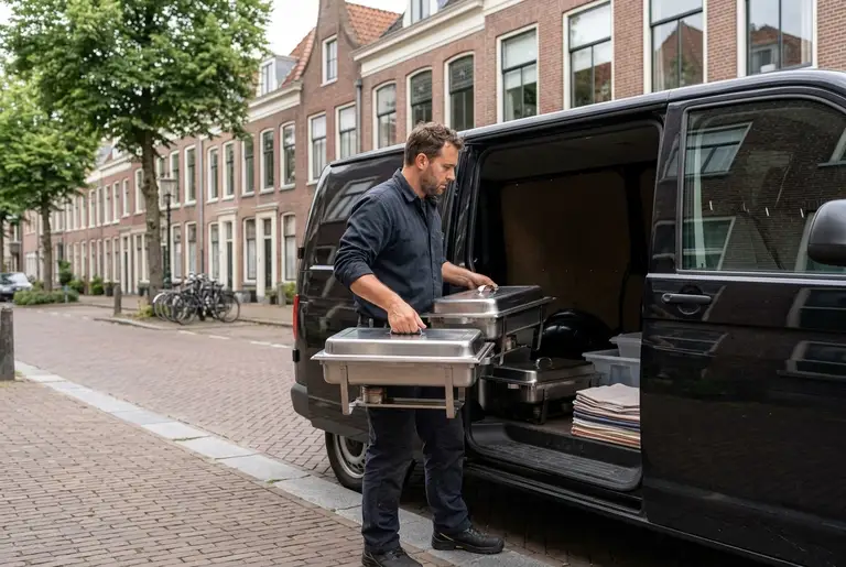 Een cateraar zet afgedekte schalen in een zwarte bestelbus met open schuifdeur.