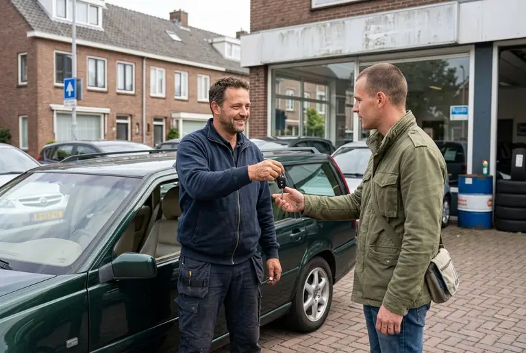 Een autohandelaar geeft een klant de sleutels van een gebruikte stationwagen.