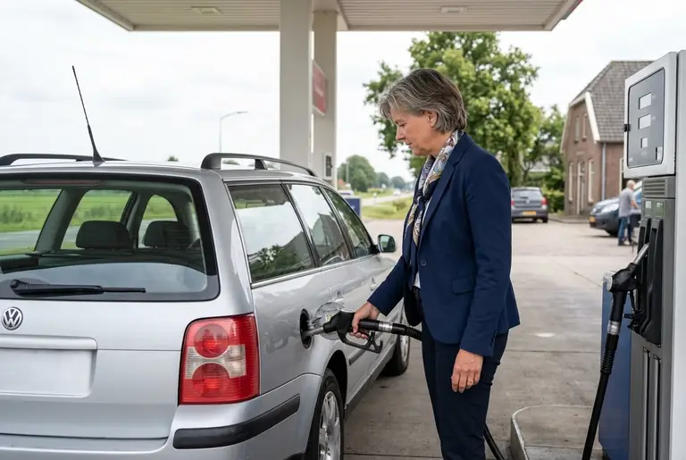 Een ondernemer tankt haar zilveren stationwagen bij een tankstation langs een provinciale weg.