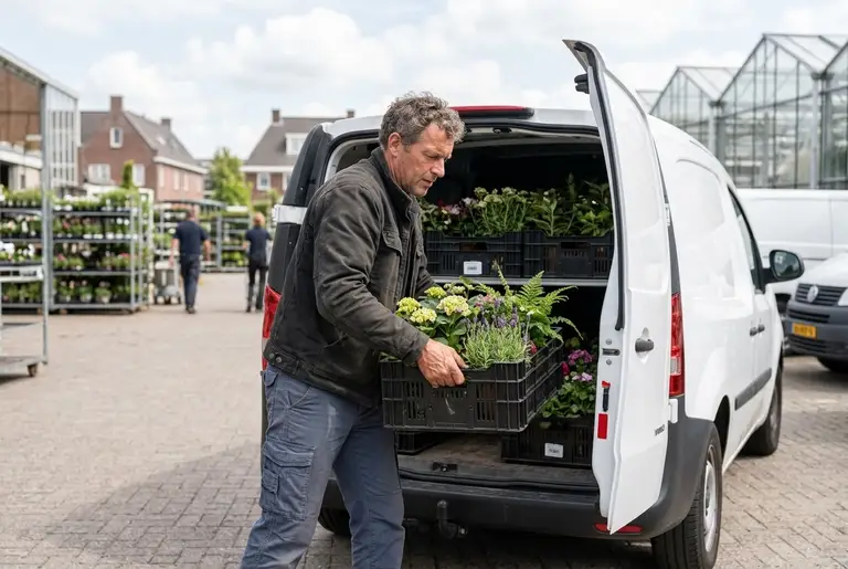 Een hovenier tilt kratten met planten in een witte bestelbus bij een tuincentrum.