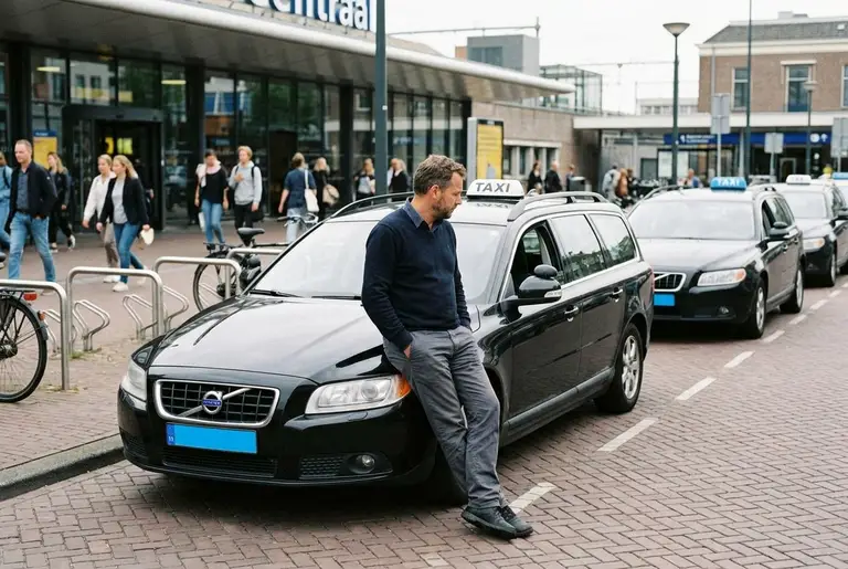 Een taxichauffeur leunt tegen zijn zwarte stationwagen bij de taxistandplaats van een station.