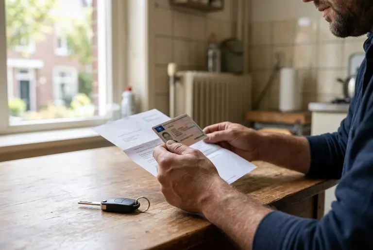 Iemand houdt een kentekencard en een brief vast aan de keukentafel, met een autosleutel ernaast.
