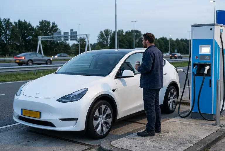 Een witte elektrische auto laadt bij een snellader langs de snelweg, de bestuurder staat ernaast met koffie.