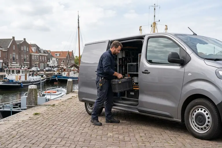 Een monteur haalt een gereedschapskist uit een grijze bestelbus op een kade.