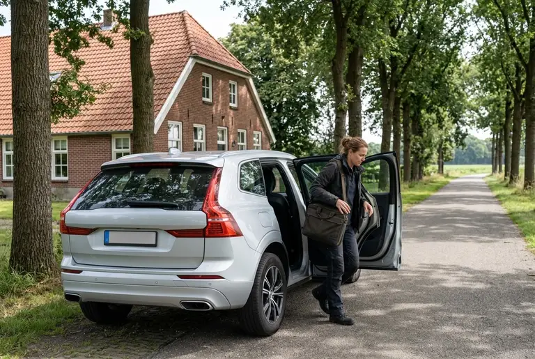 Een ondernemer stapt uit een zilveren SUV op een lommerrijke weg naast een boerderij.