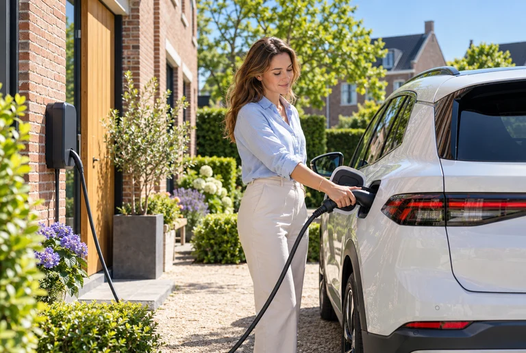 Een vrouw sluit haar elektrische auto van de zaak aan op de laadpaal bij haar huis.