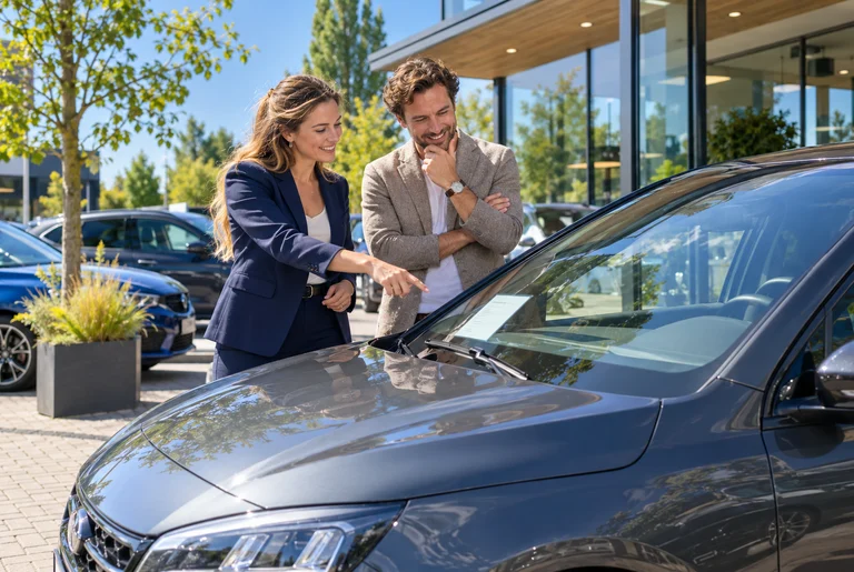 Een autohandelaar en een klant bekijken de prijskaart achter de voorruit van een occasion.