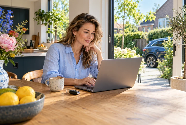 Een ondernemer leest aan de keukentafel aandachtig iets op haar laptop.