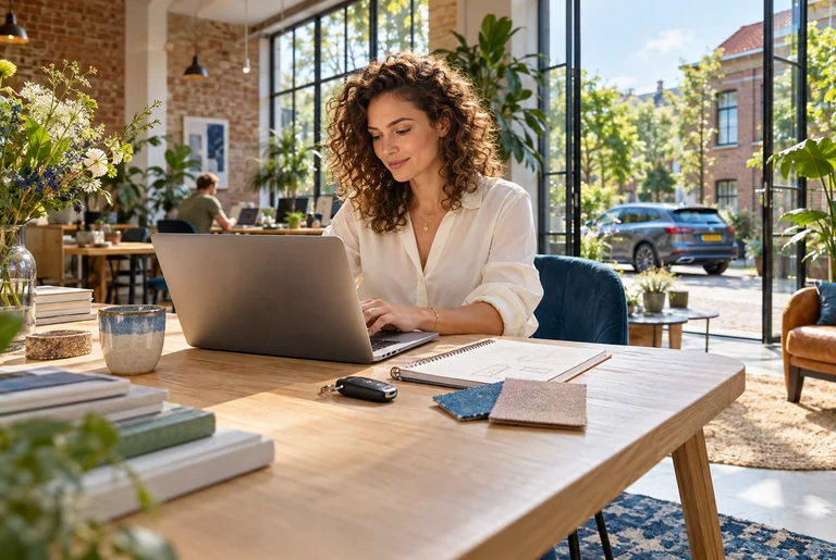 Een freelance ontwerpster werkt op een flexplek aan haar laptop, met haar autosleutel op tafel.