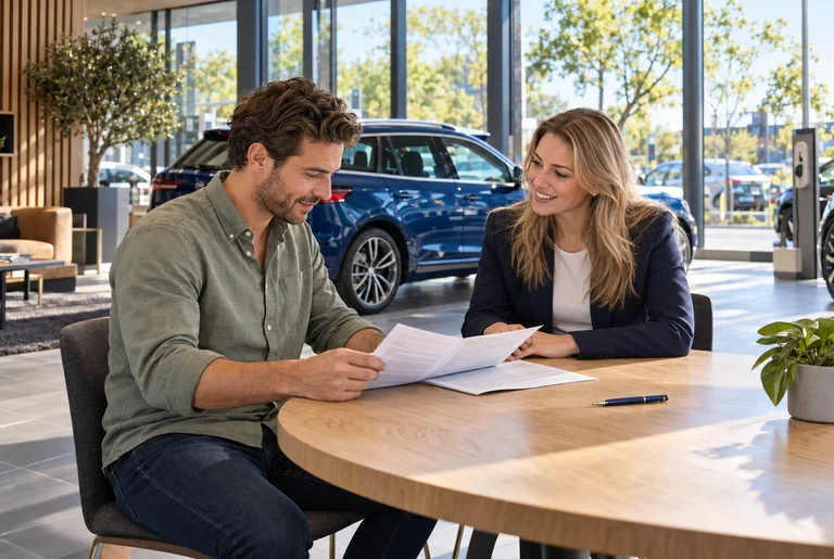 Een ondernemer leest in de showroom het contract door, met de verkoper tegenover hem.